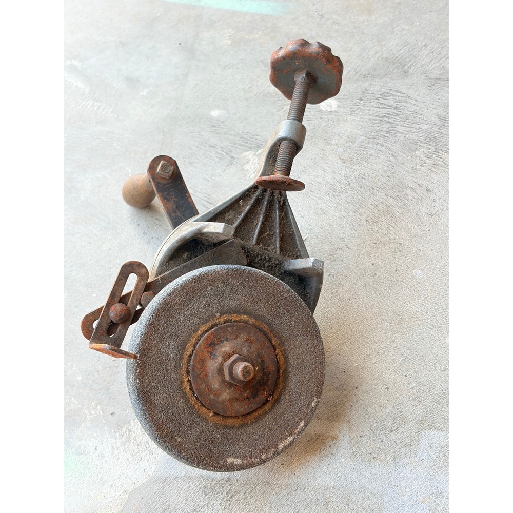 Vintage Hand Crank Bench Grinder Cast Iron Manual Sharpening Tool Wood Handle